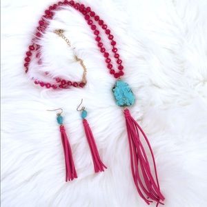 Turquoise & hot pink beaded boho tassel necklace